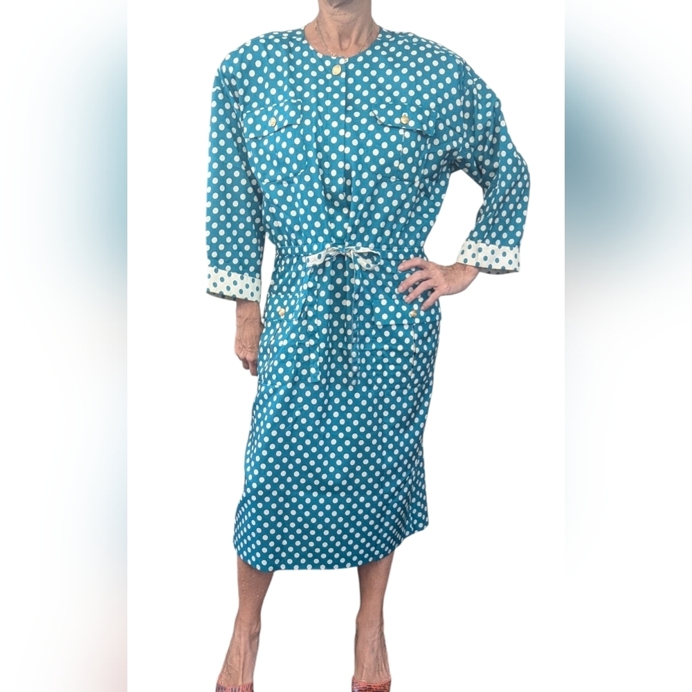 Vintage 80s Leslie Fay Teal White Polka Dot Midi Dress Drawstring 12 - Picture 2 of 12